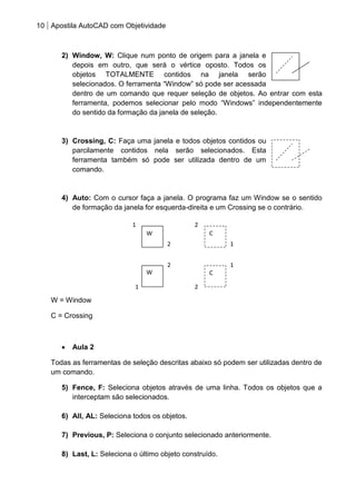 10 Apostila AutoCAD com Objetividade 
2) Window, W: Clique num ponto de origem para a janela e depois em outro, que será o vértice oposto. Todos os objetos TOTALMENTE contidos na janela serão selecionados. O ferramenta “Window” só pode ser acessada 
dentro de um comando que requer seleção de objetos. Ao entrar com esta ferramenta, podemos selecionar pelo modo “Windows” independentemente do sentido da formação da janela de seleção. 
3) Crossing, C: Faça uma janela e todos objetos contidos ou parcilamente contidos nela serão selecionados. Esta ferramenta também só pode ser utilizada dentro de um comando. 
4) Auto: Com o cursor faça a janela. O programa faz um Window se o sentido de formação da janela for esquerda-direita e um Crossing se o contrário. 
W = Window 
C = Crossing 
Aula 2 
Todas as ferramentas de seleção descritas abaixo só podem ser utilizadas dentro de um comando. 
5) Fence, F: Seleciona objetos através de uma linha. Todos os objetos que a interceptam são selecionados. 
6) All, AL: Seleciona todos os objetos. 
7) Previous, P: Seleciona o conjunto selecionado anteriormente. 
8) Last, L: Seleciona o último objeto construído. 
1 
1 
1 
1 
2 
2 
2 
2 
W 
W 
C 
C 
 