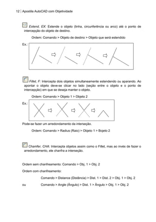12 Apostila AutoCAD com Objetividade 
Extend, EX: Estende o objeto (linha, circunferência ou arco) até o ponto de intercepção do objeto de destino. 
Ordem: Comando > Objeto de destino > Objeto que será estendido 
Ex.: 
Fillet, F: Intercepta dois objetos simultaneamente estendendo ou aparando. Ao apontar o objeto deve-se clicar no lado (seção entre o objeto e o ponto de intercepção) em que se deseja manter o objeto. 
Ordem: Comando > Objeto 1 > Objeto 2 
Ex.: 
Pode-se fazer um arredondamento da interseção. 
Ordem: Comando > Radius (Raio) > Objeto 1 > Bojeto 2 
Chamfer, CHA: Intercepta objetos assim como o Fillet, mas ao invés de fazer o arredondamento, ele chanfra a interseção. 
Ordem sem chanfreamento: Comando > Obj. 1 > Obj. 2 
Ordem com chanfreamento: 
Comando > Distance (Distância) > Dist. 1 > Dist. 2 > Obj. 1 > Obj. 2 
ou Comando > Angle (Ângulo) > Dist. 1 > Ângulo > Obj. 1 > Obj. 2 
 