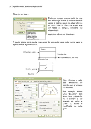 30 Apostila AutoCAD com Objetividade 
Clicando em New... 
Podemos nomear o nosso estilo de cota em “New Style Name” e escolher em que casos o padrão criado irá atuar através da caixa “Use for”. Para que a cota atue em todos os campos, selecione “All dimensions”. 
Após isso, clique em “Continue”. 
A janela abaixo será aberta, mas antes de apresentar cada guia vamos saber o significado de algumas coisas. 
Obs.: Coloque o valor das dimensões de acordo com a unidade do desenho. 
Por exemplo: Quero uma “Baseline” com 4mm. Se a unidade for m, o número a ser inserido na caixa é 0.004. A escala é modificada em outra guia. 
Objeto 
Dimension line 
Offset from origin 
Extend beyond dim lines 
Extension line 
Baseline 
Baseline spacing  