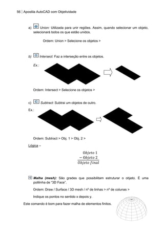 56 Apostila AutoCAD com Objetividade 
a) Union: Utilizada para unir regiões. Assim, quando selecionar um objeto, selecionará todos os que estão unidos. 
Ordem: Union > Selecione os objetos > 
b) Intersect: Faz a interseção entre os objetos. 
Ex.: 
Ordem: Intersect > Selecione os objetos > 
c) Subtract: Subtrai um objetos de outro. 
Ex.: 
Ordem: Subtract > Obj. 1 > Obj. 2 > 
Lógica – 
Malha (mesh): São grades que possibilitam estruturar o objeto. É uma polilinha de “3D Face”. 
Ordem: Draw / Surface / 3D mesh / nº de linhas > nº de colunas > 
Indique os pontos no sentido x depois y. 
Este comando é bom para fazer malha de elementos finitos. 
 