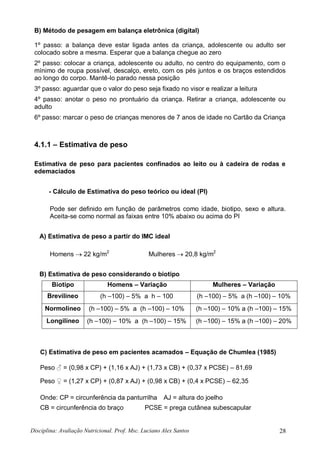Disciplina: Avaliação Nutricional. Prof. Msc. Luciano Alex Santos 28
B) Método de pesagem em balança eletrônica (digital)
1º passo: a balança deve estar ligada antes da criança, adolescente ou adulto ser
colocado sobre a mesma. Esperar que a balança chegue ao zero
2º passo: colocar a criança, adolescente ou adulto, no centro do equipamento, com o
mínimo de roupa possível, descalço, ereto, com os pés juntos e os braços estendidos
ao longo do corpo. Mantê-lo parado nessa posição
3º passo: aguardar que o valor do peso seja fixado no visor e realizar a leitura
4º passo: anotar o peso no prontuário da criança. Retirar a criança, adolescente ou
adulto
6º passo: marcar o peso de crianças menores de 7 anos de idade no Cartão da Criança
4.1.1 – Estimativa de peso
Estimativa de peso para pacientes confinados ao leito ou à cadeira de rodas e
edemaciados
- Cálculo de Estimativa do peso teórico ou ideal (PI)
Pode ser definido em função de parâmetros como idade, biotipo, sexo e altura.
Aceita-se como normal as faixas entre 10% abaixo ou acima do PI
A) Estimativa de peso a partir do IMC ideal
Homens  22 kg/m2
Mulheres  20,8 kg/m2
B) Estimativa de peso considerando o biotipo
Biotipo Homens – Variação Mulheres – Variação
Brevilíneo (h –100) – 5% a h – 100 (h –100) – 5% a (h –100) – 10%
Normolíneo (h –100) – 5% a (h –100) – 10% (h –100) – 10% a (h –100) – 15%
Longilíneo (h –100) – 10% a (h –100) – 15% (h –100) – 15% a (h –100) – 20%
C) Estimativa de peso em pacientes acamados – Equação de Chumlea (1985)
Peso ♂ = (0,98 x CP) + (1,16 x AJ) + (1,73 x CB) + (0,37 x PCSE) – 81,69
Peso ♀ = (1,27 x CP) + (0,87 x AJ) + (0,98 x CB) + (0,4 x PCSE) – 62,35
Onde: CP = circunferência da panturrilha AJ = altura do joelho
CB = circunferência do braço PCSE = prega cutânea subescapular
 