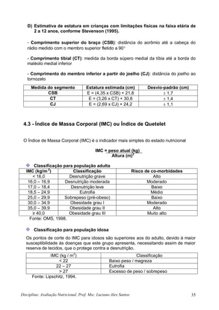 Disciplina: Avaliação Nutricional. Prof. Msc. Luciano Alex Santos 35
D) Estimativa de estatura em crianças com limitações físicas na faixa etária de
2 a 12 anos, conforme Stevenson (1995).
- Comprimento superior do braço (CSB): distância do acrômio até a cabeça do
rádio medido com o membro superior fletido a 90
- Comprimento tibial (CT): medida da borda súpero medial da tíbia até a borda do
maléolo medial inferior
- Comprimento do membro inferior a partir do joelho (CJ): distância do joelho ao
tornozelo
Medida do segmento Estatura estimada (cm) Desvio-padrão (cm)
CSB E = (4,35 x CSB) + 21,8  1,7
CT E = (3,26 x CT) + 30,8  1,4
CJ E = (2,69 x CJ) + 24,2  1,1
4.3 - Índice de Massa Corporal (IMC) ou Índice de Quetelet
O Índice de Massa Corporal (IMC) é o indicador mais simples do estado nutricional
IMC = peso atual (kg)
Altura (m)2
Classificação para população adulta
IMC (kg/m 2
) Classificação Risco de co-morbidades
< 16,0 Desnutrição grave Alto
16,0 – 16,9 Desnutrição moderada Moderado
17,0 – 18,4 Desnutrição leve Baixo
18,5 – 24,9 Eutrofia Médio
25,0 – 29,9 Sobrepeso (pré-obeso) Baixo
30,0 – 34,9 Obesidade grau I Moderado
35,0 – 39,9 Obesidade grau II Alto
≥ 40,0 Obesidade grau III Muito alto
Fonte: OMS, 1998.
Classificação para população idosa
Os pontos de corte do IMC para idosos são superiores aos do adulto, devido à maior
susceptibilidade às doenças que este grupo apresenta, necessitando assim de maior
reserva de tecidos, que o protege contra a desnutrição.
IMC (kg / m2
) Classificação
< 22 Baixo peso / magreza
22 – 27 Eutrofia
> 27 Excesso de peso / sobrepeso
Fonte: Lipschitz, 1994.
 