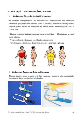 Disciplina: Avaliação Nutricional. Prof. Msc. Luciano Alex Santos 40
6 - AVALIAÇÃO DA COMPOSIÇÃO CORPORAL
 Medidas de Circunferências / Perímetros
As medidas antropométricas de circunferências correspondem aos chamados
perímetros que podem ser definidos como o perímetro máximo de um seguimento
corporal quando medido em ângulo reto em relação ao seu maior eixo (Filho, 2003 in
Duarte, 2007)
- Obesos  recomendada para acompanhamento individual  dificuldade de se medir
tecido adiposo
- Preferencialmente não devem ser utilizadas isoladamente
- Permite avaliar a distribuição de gordura corporal  androide e ginoide
 Medidas de Pregas ou Dobras Cutâneas
Técnica simples, pouco onerosa e de fácil manuseio. Apresenta alta fidedignidade,
correlacionando-se com técnicas sofisticadas
 