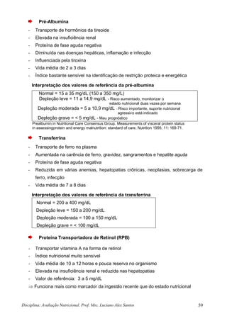 Disciplina: Avaliação Nutricional. Prof. Msc. Luciano Alex Santos 59
Pré-Albumina
- Transporte de hormônios da tireoide
- Elevada na insuficiência renal
- Proteína de fase aguda negativa
- Diminuída nas doenças hepáticas, inflamação e infecção
- Influenciada pela tiroxina
- Vida média de 2 a 3 dias
- Índice bastante sensível na identificação de restrição proteica e energética
Interpretação dos valores de referência da pré-albumina
Normal = 15 a 35 mg/dL (150 a 350 mg/L)
Depleção leve = 11 a 14,9 mg/dL - Risco aumentado, monitorizar o
estado nutricional duas vezes por semana
Depleção moderada = 5 a 10,9 mg/dL - Risco importante, suporte nutricional
agressivo está indicado
Depleção grave = < 5 mg/dL - Mau prognóstico
Prealbumin in Nutritional Care Consensus Group. Measurements of visceral protein status
in assessingprotein and energy malnutrition: standard of care. Nutrition 1995; 11: 169-71.
Transferrina
- Transporte de ferro no plasma
- Aumentada na carência de ferro, gravidez, sangramentos e hepatite aguda
- Proteína de fase aguda negativa
- Reduzida em várias anemias, hepatopatias crônicas, neoplasias, sobrecarga de
ferro, infecção
- Vida média de 7 a 8 dias
Interpretação dos valores de referência da transferrina
Normal = 200 a 400 mg/dL
Depleção leve = 150 a 200 mg/dL
Depleção moderada = 100 a 150 mg/dL
Depleção grave = < 100 mg/dL
Proteína Transportadora de Retinol (RPB)
- Transportar vitamina A na forma de retinol
- Índice nutricional muito sensível
- Vida média de 10 a 12 horas e pouca reserva no organismo
- Elevada na insuficiência renal e reduzida nas hepatopatias
- Valor de referência: 3 a 5 mg/dL
 Funciona mais como marcador da ingestão recente que do estado nutricional
 