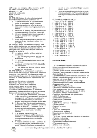 e) "E eu que não creio peço a Deus por minha gente"
96. (TRE-ES) Escrever encima da fachada é
escrever .......... ela.
a) sobre d) em baixo de
b) sob e) ao lado
c) sub
97. (TRE-MG) A classe da palavra destacada está
incorretamente indicada nos parênteses em:
1. O que se observa são as vãs tentativas da
polícia de seguir seus rastros. (adjetivo)
2. As pessoas a quem me refiro certamente
aprovaram medidas mais nérgicas. (pronome
relativo)
3. São muitas as pessoas que já experimentaram
o que estou vivendo. (conjunção integrante)
4. Intimaram o suspeito a comparecer perante o
delegado, para dar utras explicações
(preposição)
5. Novos telefonemas aconteceram, sempre com
as provas de que o seqüestro estava vivo.
(advérbio)
98. (TRE-RJ) "porque naqueles perduraram por mais
tempo hábitos feudais, quer nas relações jurídicas, quer
nas econômicas". Das alternativas processadas na
passagem acima, aquela em que ocorre substancial
mudança de sentido é:
1. ....., seja nas relações jurídicas, seja nas
econômicas.
2. ....., não nas relações jurídicas, mas sim nas
econômicas.
3. ....., tanto nas relações jurídicas, quanto nas
econômicas.
4. ....., não só nas relações jurídicas, mas ainda
nas econômicas.
5. ....., não apenas nas relações jurídicas, senão
também nas econômicas.
99. (TRE-RJ) "todos os animais sejam em princípio
iguais perante a lei, conquanto alguns sejam mais iguais
que outros." Das alterações processadas na oração
sublinhada, aquela que, além de apresentar substancial
mudança de sentido, se classifica diferentemente das
demais:
a) malgrado alguns sejam mais iguais
b) posto que alguns sejam mais iguais
c) a menos que alguns sejam mais iguais
d) não obstante alguns serem mais iguais
e) a despeito de alguns serem mais iguais
100. (TRE-RJ) Apesar da mudança da ordem das
palavras em passagens do texto, o sentido permanece
basicamente o mesmo na seguinte alternativa:
1. "a qual pressupõe, evidentemente, como diria
Orwell, que todos os animais sejam em princípio
iguais perante a lei" / a qual pressupõe, omo
evidentemente diria Orwell, que todos os
animais sejam em princípio iguais perante a lei
2. "a ‘Comman Law’ é uma coletânea de casos e
precedentes, antes que um sistema apriorístico
e formal de relações." / a "Common Law" é
antes uma coletânea de casos e precedentes,
que um sistema apriorístico e formal de
relações.
3. "a lei pode ser obedecida, porque
ordinariamente apenas codifica o costume
corrente." / a lei pode ser obedecida, apenas
porque rdinariamente codifica o costume
corrente.
4. "é possível configurar-se então a existência de
dolo ou crime praticado por pequena minoria
social." / é possível configurar-se a existência
de dolo ou crime praticado então por pequena
minoria social.
5. "e que às vezes transplantam formas jurídicas
importadas de além-mar" / e que transplantam
formas jurídicas às vezes importadas de além-
mar.
CLASSIFICAÇÃO DE PALAVRAS
1 - E 22 - D 43 - C 64 - B 85 - B
2 - A 23 - D 44 - B 65 - C 86 - B
3 - C 24 - C 45 - D 66 - D 87 - E
4 - E 25 - B 46 - B 67 - A 88 - D
5 - D 26 - B 47 - B 68 - C 89 - C
6 - D 27 - C 48 - B 69 - C 90 - E
7 - E 28 - E 49 - B 70 - E 91 - E
8 - E 29 - E 50 - D 71 - C 92 - D
9 - B 30 - E 51 - B 72 - B 93 - B
10 - D 31 - A 52 - C 73 - B 94 - C
11 - B 32 - D 53 - C 74 - C 95 - B
12 - B 33 - E 54 - B 75 - C 96 - A
13 - C 34 - A 55 - C 76 - E 97 - C
14 - A 35 - D 56 - D 77 - D 98 - B
15 - A 36 - E 57 - C 78 - B 99 - C
16 - C 37 - E 58 - C 79 - B 100 - B
17 - C 38 - A 59 - D 80 - B
18 - C 39 - E 60 - E 81 - C
19 - D 40 - A 61 - E 82 - C
20 - B 41 - D 62 - A 83 - C
21 - B 42 - A 63 - A 84 - C
FLEXÃO NOMINAL
1. (CESGRANRIO) Assinale o par de vocábulos que
formam o plural como órfão e mata-burro,
respectivamente:
a) cristão / guarda-roupa d) tabelião / sexta-feira
b) questão / abaixo-assinado e) cidadão / salário-família
c) alemão / beija-flor
2. (U-UBERLÂNDIA) Relativamente à concordância dos
adjetivos compostos indicativos de cor, uma, dentre as
seguintes, está errada. Qual?
a) saia amarelo-ouro d) caixa vermelha-sangue
b) papel amarelo-ouro e) caixas vermelho-sangue
c) caixa vermelho-sangue
3. (ITA) Indique a frase correta:
a) Mariazinha e Rita são duas leva-e-trazes.
b) Os filhos de Clotilde são dois espalhas-brasas.
c) O ladrão forçou a porta com dois pés-de-cabra.
d) Godofredo almoçou duas couves-flor.
e) Alfredo e Radagásio são dois gentilhomens.
4. (BB) Flexão incorreta:
a) os cidadãos d) os tóraxes
b) os açúcares e) os fósseis
c) os cônsules
5. (BB) Mesma pronúncia de "bolos":
a) tijolos d) fornos
b) caroços e) rostos
c) olhos
6. (BB) Não varia no plural:
a) tique-taque d) pára-lama
b) guarda-comida e) cola-tudo
c) beija-flor
7. (EPCAR) Está mal flexionado o adjetivo na alternativa:
a) Tecidos verde-olivas
b) Festas cívico-religiosas
c) Guardas noturnos luso-brasileiros
d) Ternos azul-marinho
e) Vários porta-estandartes
Curso Ápice - Língua Portuguesa (exercícios) – Prof. Ricardo Hoffman 19
 