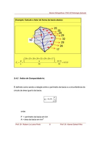 Bacias Hidrográficas- PHD 307Hidrologia Aplicada
Prof. Dr. Rubem La Laina Porto 8 Prof. Dr. Kamel Zahed Filho
2.4.2 Índice de Compacidade kc
É definido como sendo a relação entre o perímetro da bacia e a circunferência do
círculo de área igual à da bacia.
A
P
.0,28=Ke
onde:
P = perímetro da bacia em km
A = área da bacia em km2
Exemplo: Calcule o fator de forma da bacia abaixo:
50
20
28
17
25
29
32
29
26
515.0
50
75.25
50
8
1726293229282520
==





 +++++++
==
L
B
FF
 