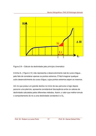 Bacias Hidrográficas- PHD 307Hidrologia Aplicada
Prof. Dr. Rubem La Laina Porto 17 Prof. Dr. Kamel Zahed Filho
H
L
∆∆∆∆ H
Li
Si
Figura 2.8 – Cálculo da declividade pelo princípio cinemático
A linha S1 ( Figura 2.9 ) não representa o desenvolvimento real do curso d’água ,
pelo fato de considerar apenas os pontos extremos. É fácil imaginar qualquer
outro desenvolvimento do curso d’água, cujos pontos extremos sejam os mesmos.
Um rio que possui um grande declive no início de seu percurso e logo depois
percorre uma planície, apresenta considerável discrepância entre os valores de
declividade calculados pelos diferentes métodos. Assim, o valor que melhor simula
o comportamento do rio a uma declividade constante é o S3.
 