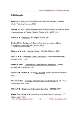Bacias Hidrográficas- PHD 307Hidrologia Aplicada
Prof. Dr. Rubem La Laina Porto 22 Prof. Dr. Kamel Zahed Filho
3. Bibliografia
Bras, R. L. – Hydrology : An Introduction to Hydrologic Sciences – Addison-
Wesley Publishing Company, 1990.
Crisolia, J. F. A. – Projeto de Manejo da Bacia Hidrográfica do Ribeirão das Antas
– Serviço do vale do Paraíba – Boletim Técnico N° 4 – DAEE, 1970.
Garcez, L. N. – Hidrologia – Ed. Edgard Blücher, 1967.
Mosley, M. P. e Kerchar, A. I. Cap. 8.-Streamflow ,em Maidment,David
R.,Handbook of Hydrology, Mc Graw Hill, 1993.
Pinto, N. L. S. et al. – Hidrologia Básica - Ed. Edgard Blücher, 1976.
Tucci, C. E. M. – Hidrologia : Ciência e Aplicação – Editora da Universidade /
UFRGS / ABRH , 1997.
Uehara, K. et al. – Características Físicas da Bacia Hidrográfica – apostila –
Escola politécnica da USP, 1980.
Villela, S. M. e Mattos, A. – Hidrologia Aplicada– Editora Mc Graw Hill do Brasil,
1977.
Wanielista et al. – Hydrology – Water Quantity and Quality Control - 2a
. edição,
John Wiley & Sons, 1997.
Wilken, P. S. – Engenharia de Drenagem Superficial – CETESB, 1978.
Wisley, C.O. e Brater, F. E. – Hydrology – Topan Printing Company Ltd., 2nd
edition, Japan, 1959.
 
