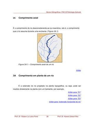 Bacias Hidrográficas- PHD 307Hidrologia Aplicada
Prof. Dr. Rubem La Laina Porto 28 Prof. Dr. Kamel Zahed Filho
2A Comprimento axial
É o comprimento do rio desconsiderando-se os meandros, isto é, o comprimento
que o rio assume durante uma enchente ( Figura 2A.1)
Figura 2A.1 – Comprimento axial de um rio
Voltar
3A Comprimento em planta de um rio
É a extensão do rio projetado na planta topográfica, ou seja, pode ser
medido diretamente na planta com um barbante, por exemplo.
Voltar para “S1”
Voltar para “S2”
Voltar para “S3”
Voltar para “extensão horizontal do rio”
 