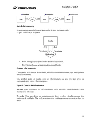 Projeto E-JOVEM




Auto-Relacionamento

Representa uma associação entre ocorrências de uma mesma entidade.
Exige a identificação de papéis.




   •   Um Cliente pode ser patrocinador de vários de clientes.
   •   Um Cliente só pode ser patrocinado por um Cliente.
Grau de relacionamento

Corresponde ao o número de entidades, não necessariamente distintas, que participam de
um relacionamento.

Uma entidade pode ser tratada como um relacionamento de grau zero para efeito de
comparação com outros relacionamentos.

Tipos de Grau de Relacionamento

Binário: Uma ocorrência do relacionamento deve envolver simultaneamente duas
instâncias de entidades

Ternário: Uma ocorrência do relacionamento deve envolver simultaneamente três
instâncias de entidades. Não pode relacionar três entidades em um momento e duas em
outro.




                                                                                   37
 