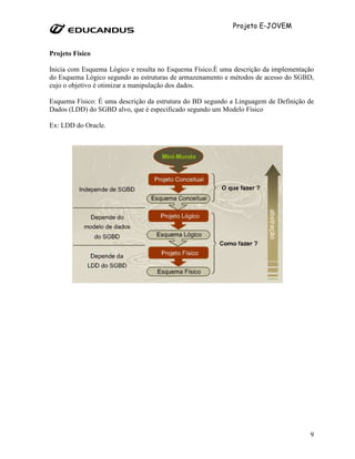 Projeto E-JOVEM


Projeto Físico

Inicia com Esquema Lógico e resulta no Esquema Físico.É uma descrição da implementação
do Esquema Lógico segundo as estruturas de armazenamento e métodos de acesso do SGBD,
cujo o objetivo é otimizar a manipulação dos dados.

Esquema Físico: É uma descrição da estrutura do BD segundo a Linguagem de Definição de
Dados (LDD) do SGBD alvo, que é especificado segundo um Modelo Físico

Ex: LDD do Oracle.




                                                                                    9
 