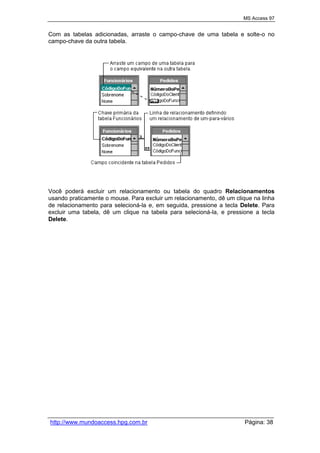 MS Access 97
http://www.mundoaccess.hpg.com.br Página: 38
Com as tabelas adicionadas, arraste o campo-chave de uma tabela e solte-o no
campo-chave da outra tabela.
Você poderá excluir um relacionamento ou tabela do quadro Relacionamentos
usando praticamente o mouse. Para excluir um relacionamento, dê um clique na linha
de relacionamento para selecioná-la e, em seguida, pressione a tecla Delete. Para
excluir uma tabela, dê um clique na tabela para selecioná-la, e pressione a tecla
Delete.
 