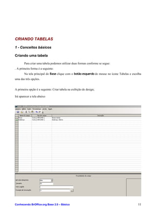 CRIANDO TABELAS
1 - Conceitos básicos
Criando uma tabela
Para criar uma tabela podemos utilizar duas formas conforme se segue:
. A primeira forma é a seguinte:
Na tela principal do Base clique com o botão esquerdo do mouse no ícone Tabelas e escolha
uma das três opções.
A primeira opção é a seguinte: Criar tabela na exibição de design;
Irá aparecer a tela abaixo
Conhecendo BrOffice.org Base 2.0 – Básico 11
 