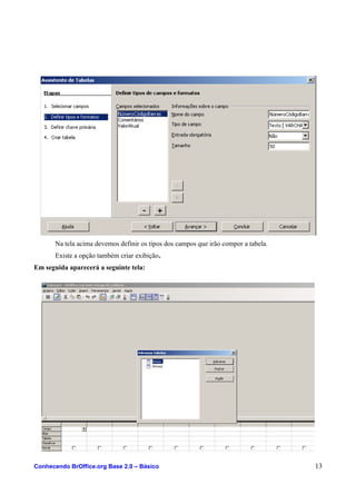 Na tela acima devemos definir os tipos dos campos que irão compor a tabela.
Existe a opção também criar exibição.
Em seguida aparecerá a seguinte tela:
Conhecendo BrOffice.org Base 2.0 – Básico 13
 