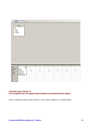 CRIANDO UMA CONSULTA
Insiraa tabelaFilmes.Em seguidacliqueemfecharna janeladeAdicionartabelas.
Uma vez inserida a tabela inclua os dados no item campo, conforme no exemplo abaixo:
Conhecendo BrOffice.org Base 2.0 – Básico 48
 