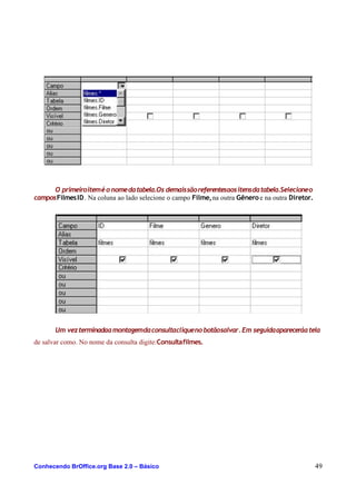 O primeiroiteméo nomedatabela.Os demaissãoreferentesaositensdatabela.Selecioneo
camposFilmesID. Na coluna ao lado selecione o campo Filme,na outra Gêneroe na outra Diretor.
Um vezterminadaamontagemdaconsultacliqueno botãosalvar.Em seguidaapareceráatela
de salvar como. No nome da consulta digite:Consultafilmes.
Conhecendo BrOffice.org Base 2.0 – Básico 49
 