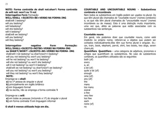 23
NOTE: Forma contraída de shall not:shan't Forma contraída
de will not: won't ou 'll not
Interrogative Form Formação:
WILL/SHALL +SUJEITO+BE+VERBO NA FORMA-ING
shall/will I bedoing?
will you bedoing?
will hebedoing?
will she bedoing?
will it bedoing?
shall/will we bedoing?
will you bedoing?
will they bedoing?
Interrogative- negative Form Formação:
WILL/SHALL+SUJEITO+NOTBE+VERBO NA FORMA-ING
ou SHAN'T/WON'T +SUJEITO+BE+VERBO NA FORMA -ING
shall/will I not bedoing? ou shan't/won't I bedoing?
will you not bedoing?ou won't you bedoing?
will he not bedoing? ou won't he bedoing?
will she not bedoing? ou won't she bedoing?
will it not bedoing? ou won't it bedoing?
shall/will we not bedoing? ou shan't/won't we bedoing?
will you not bedoing? ou won't you bedoing?
will they not bedoing? ou won't they bedoing?
NOTE:
Emprega-se o shall:
a) na 1ª pessoa do singular e plural
b) principalmente em inglês britânico
c) em linguagem formal
d) na escrita, não se emprega a forma contraída 'll
Emprega-se o will:
a) em todas as pessoas (incluindo a 1ª) do singular e plural
b) em forma contraída 'll em linguagem informal
O shall é menos utilizado hoje em dia.
COUNTABLE AND UNCOUNTABLE NOUNS - Substantivos
contáveis e incontáveis
Nem todos os substantivos em Inglês podem ser usados no plural. Os
que têm plural são chamados de "countable nouns" (nomes contáveis)
e, os que não têm plural chamados de "uncountable nouns" (nomes
incontáveis ou de massa). Esta é uma distinção muito importante,
uma vez que, afeta as palavras que estão associadas com os
substantivos nas sentenças.
Countable nouns
Em geral, nós podemos dizer que countable nouns, como está
implícito no próprio nome, referem-se a objetos que podem ser
contados individualmente.Eles têm sua forma plural e singular. Ex.:
car, train, book, elephant, parrot, shirt, two books, two dogs, seven
chairs,etc
Quantifiers Quantifiers – uma categoria de adjetivos, pronomes e
artigos que quantificam os substantivos. No caso de substantivos
contáveis, os quantifiers utilizados são os seguintes:
both (of)
every
a, an
a lot (of)
quite a lot (of)
enough
ome (of)
any (of)
the
many
too many
everal
a few
very few
too few
each
none (of)
no
 