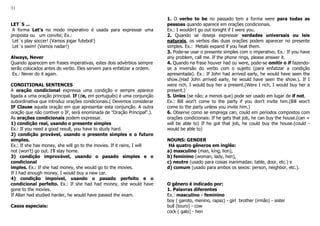 31
LET´S ...
A forma Let's no modo imperativo é usada para expressar uma
proposta ou um convite; Ex.:
Let´s play soccer! (Vamos jogar futebol!)
Let´s swim! (Vamos nadar!)
Always, Never
Quando aparecem em frases imperativas, estes dois advérbios sempre
serão colocados antes do verbo. Eles servem para enfatizar a ordem.
Ex.: Never do it again.
CONDITIONAL SENTENCES
A oração condicional expressa uma condição e sempre aparece
ligada a uma oração principal. If (de, em português) é uma conjunção
subordinativa que introduz orações condicionais.( Devemos considerar
IF Clause aquela oração em que apresentar esta conjunção. A outra
oração que não contiver o IF, será enominada de "Oração Principal".).
As orações condicionais podem expressar.
1) condição real, usando o presente simples
Ex.: If you need a good result, you have to study hard.
2) condição provável, usando o presente simples e o futuro
simples.
Ex.: If she has money, she will go to the movies. If it rains, I will
not (won’t) go out. I’ll stay home.
3) condição improvável, usando o pasado simples e o
condicional
imples. Ex.: If she had money, she would go to the movies.
If I had enough money, I would buy a new car.
4) condição impoível, usando o pasado perfeito e o
condicional perfeito. Ex.: If she had had money, she would have
gone to the movies.
If Allan had studied harder, he would have passed the exam.
Casos especiais:
1. O verbo to be no passado tem a forma were para todas as
pessoas quando aparece em orações condicionais.
Ex.: I wouldn't go out tonight if I were you.
2. Quando se deseja expressar verdades universais ou leis
naturais, os verbos das duas orações podem aparecer no presente
simples. Ex.: Metals expand if you heat them.
3. Pode-se usar o presente simples com o imperativo. Ex.: If you have
any problem, call me. If the phone rings, please answer it.
4. Quando na frase houver had ou were, pode-se omitir o if fazendo-
se a inversão do verbo com o sujeito (para enfatizar a condição
apresentada). Ex.: If John had arrived early, he would have seen the
show.(Had John arrived early, he would have seen the show.). If I
were rich, I would buy her a present.(Were I rich, I would buy her a
present.)
5. Unles (se não; a menos que) pode ser usado em lugar de if not.
Ex.: Bill won't come to the party if you don't invite him.(Bill won't
come to the party unless you invite him.)
6. Observe como se emprega can, could em períodos compostos com
orações condicionais: If he gets that job, he can buy the house.(can =
will be able to) If he got that job, he could buy the house.(could -
would be able to)
NOUNS: GENDER
Há quatro gêneros em inglês:
a) masculino (man, king, lion),
b) feminino (woman, lady, hen),
c) neutro (usado para coisas inanimadas: table, door, etc.) e
d) comum (usado para ambos os sexos: person, neighbor, etc.).
O gênero é indicado por:
1. Palavras diferentes
Ex.: masculino - feminino
boy ( garoto, menino, rapaz) - girl brother (irmão) - sister
bull (touro) - cow
cock ( galo) - hen
 