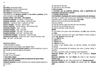 36
Ex.:
Voz ativa: Janewritesa letter.
Voz passiva:A letteris writtenby Jane.
Voz ativa: Janewrotea letter.
Voz passiva: A letterwas writtenbyJane.
Veja tabelinha dos tempos verbais na voz ativa e passiva, tendo
como exemplo o verbo to read:
Tempo verbal - Voz ativa - Voz passiva
Presente contínuo -is reading - is being read
Passado contínuo - was reading - was being read
Going to - is going to read - is going to be read
Futuro simples - will read - will be read
Futuro contínuo - will be reading - will be being read
Presente simples - read - is read
Passado simples - read - was read
Presente perfeito - has read - has been read
Passado perfeito - had read - had been read
Condicional simples - would read - would be read
Condicional perfeito - would have read - would have been read
Can - can read - can Be read
REPORTED SPEECH
- Discurso direto e indireto
Há duas formas de se relatar o que alguém disse:
a)Pelo discurso direto (direct peech): quando repetimos o que foi
dito usando as mesmas palavras da pessoa.
Ex.:
He said:”I fell well”.
He said:“I’m so confused!!”
• vem entre aspas
• narrador repete exatamente as palavras de quem falou
b)Pelo discurso indireto
(indirect speech): quando contamos com nossas próprias palavras o
que foi dito.
Ex.:
He said that he felt well.
He said that he was confused
• sem as aspas
• narrador usa as próprias palavras, mas o significado da
mensagem permanece o mesmo
• o tempo verbal muda
• há também mudanças em outros componentes da sentença
São dois os verbos mais comuns que introduzem o discurso indireto
(reporting verbs / verbos introdutórios), day e tell.
Observe como suas estruturas são diferentes:
Discurso indireto:
He told the teacher (that) the test was very emanding.
He told her he was feeling worn out.
He said he had been under pressure.
NOTE:
Se você disser com quem você está falando, use tell. Caso contrário,
use day.
Se você quiser mencionar com quem está falando e estiver usando o
verbo day, deverá acrescentar to.
Ex: He daid to Ana
He said to me
He daid to them
He daid to the boss
Ao relatar o que alguém disse, no discurso indireto, há também
mudanças
em outros componentes da sentença, tais como o tempo verbal, o
advérbio ,
às vezes, o pronome. Veja as mudanças mais freqüentes:
Discurso Direto: She said: “I live in San Francisco.” Simple
present
Discurso Indireto: She said (that) she lived in San Francisco.
Simple past
Discurso Direto: He said :“She works with me”. Simple present
Discurso Indireto: He said (that) she worked with him. Simple
past
 