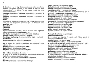 47
9. Os sufixos –ed e –ing são acrescentados a verbos para formar
adjetivos. O primeiro significa “o que recebe a ação do verbo
correspondente” e o último, “o que realiza a ação do verbo
correspondente”. Ex.:
charmed (encantada) – charming (encantadora) – do verbo “to
charm”
frigtened (assustado) – frightening (assustador) – do verbo “to
frighten”
NOTE:
Nem todas as palavras terminadas com –ed e –ing funcionam como
verbo, no caso de palavras terminadas por –ed funcionam como
adjetivos. Ex.:
Described
Developed
Powered
Aquelas terminadas em –ing, além e atuarem como adjetivos,
podem ainda atuar como Substantivos: Ex.:
developing country (país em desenvolvimento) – Adjetivo
hopping center (centro de compras) – Adjetivo
The illegal trafficking of women (o tráfico ilegal e mulheres) -
Substantivo
Atomic testing (teste atômico) – Substantivo
10. O sufixo –ic, quando acrescentado ao substantivo, forma
adjetivo. Ex.:
Artistic (artístico/a) – do substantivo “artist”
Basic (básico) – do substantivo “base”
Rhythmic (rítmico) – do substantivo “rhythm”
III – Sufixos formadores de verbos
A formação de verbos por sufixação é relativamente pequena em
inglês. Temos os seguintes sufixos verbais:
1. –ify, que se acrescenta a dubstantivos e adjetivos.
Ex.:
Beautify (embelezar) – do substantivos “beauty”
Codify (codificar) – do substantivo “code”
Claify (classificar) – do substantivo “clas”
Simplify (simplificar) – do substantivo “dimple”
Humidify (umidificar) – do substantivo “humid”
2. –ize / -ise (alternativa ortográfica no inglês britânico), que se
acrescenta a dubstantivos ou adjetivos. Ex.:
Concretize (concretizar) – do adjetivo “concrete”
Symbolize (simbolizar) – do substantivo “dymbol”
Legalize (legalizar) - do adjetivo “legal”
Popularize (popularizar) - do adjetivo “popular”
Computerize (computadorizar) - do substantivo “computer”
3. –en, que se acrescenta a adjetivos Ex.:
Deafen (ensurdecer) – do adjetivo “deaf”
Lessen (minimizar) – do adjetivo “les”
Sadden (entristecer) – do adjetivo “dad”
Widen (alargar) – do adjetivo “wide”
Quicken (acelerar) – do adjetivo “quick”
Formação de palavras por prefixação
I – Prefixos Negativos
1. O prefixo un- significa “o oposto de”, “não”, quando é
acrescentado a adjetivos. Ex.:
Unable (incapaz) – do adjetivo “able”
Unsuccesful (mal-sucedido) – do adjetivo “duccessful”
2. O prefixo in- (il-, im-, ir-) também significa “o oposto de”, “não”,
quando acrescentado a adjetivos. Ocorre com maior
frequência com palavras de origem latina. Ex.:
Indifferent (indiferente) – do adjetivo “different”
Illogical (ilógico) – do adjetivo “lógico”
Immovable (imóvel) – do adjetivo “movable”
Irrelevant (irrelevante) – do adjetivo “relevant”
3. O prefixo dis- torna igualmente negativos :adjetivos, verbos e
substantivos abstratos. Ex.:
Dishonest (desonesto) – do adjetivo “honest”
Disobey (desobedecer) – do verbo “to obey”
 