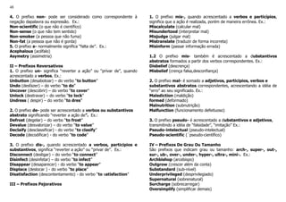 48
4. O prefixo non- pode ser considerado como correspondente à
negação dapalavra ou expressão. Ex.:
Non-scientific (o que não é científico)
Non-sense (o que não tem sentido)
Non-smoker (a pessoa que não fuma)
Non-fat (a pessoa que não é gorda)
5. O prefixo a- normalmente significa “falta de”. Ex.:
Acephalous (acéfalo)
Asymetry (assimetria)
II – Prefixos Reversativos
1. O prefixo un- significa “reverter a ação” ou “privar de”, quando
acrescentado a verbos. Ex.:
Unbutton (desabotoar) – do verbo “to button”
Undo (desfazer) – do verbo “to do”
Uncover (descobrir) – do verbo “to cover”
Unlock (destravar) – do verbo “to lock”
Undress ( despir) – do verbo “to dres”
2. O prefixo de- pode ser acrescentado a verbos ou substantivos
abstrato significando “reverter a ação de”. Ex.:
Defrost (degelar) – do verbo “to frost”
Devalue (desvalorizar) – do verbo “to value”
Declaify (desclassificar) - do verbo “to clasify”
Decode (decodificar) - do verbo “to code”
3. O prefixo dis-, quando acrescentado a verbos, participios e
substantivos, significa “reverter a ação” ou “privar de”. Ex.:
Disconnect (desligar) – do verbo “to connect”
Disinfect (desinfetar) – do verbo “to infect”
Disappear (desaparecer) - do verbo “to appear”
Displace (deslocar ) - do verbo “to place”
Disatisfaction (descontentamento) - do verbo “to satisfaction”
III – Prefixos Pejorativos
1. O prefixo mis-, quando acrescentado a verbos e particípios,
significa que a ação é realizada, porém de maneira errônea. Ex.:
Miscalculate (calcular mal)
Misundertood (interpretar mal)
Misjudge (julgar mal)
Mistranslate (traduzir de forma incorreta)
Misinform (passar informação errada)
1.2 O prefixo mis- também é acrescentado a dubstantivos
abstratos formados a partir dos verbos correspondentes. Ex.:
Disbelief (descrença)
Misbelief (crença falsa,desconfiança)
2. O prefixo mal- é somado a adjetivos, participios, verbos e
substantivos abstratos correspondentes, acrescentando a idéia de
“erro” ao seu significado. Ex.:
Malediction (maldição)
formed (deformado)
Malnutrition (subnutrição)
Malfunction (funcionamento defeituoso)
3. O prefixo pseudo- é acrescentado a dubstantivos e adjetivos,
transmitindo a idéia de “falsidade”, “imitação” Ex.:
Pseudo-intelectual (pseudo-intelectual)
Pseudo-scientific (´pseudo-científico)
IV – Prefixos De Grau Ou Tamanho
São prefixos que indicam grau ou tamanho: arch-, super-, out-,
sur-, ub-, over-, under-, hyper-, ultra-, mini-. Ex.:
Archbishop (arcebispo)
Outgrow (crescer além da conta)
Substandard (sub-nível)
Underprivileged (desprivilegiado)
Supernatural (sobrenatural)
Surcharge (sobrecarregar)
Oversimplify (simplificar demais)
 