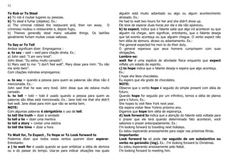 52
To Rob or To Steal
a) To rob é roubar lugares ou pessoas.
b) To steal é furtar (objetos). Ex.:
a) The criminal robbed the restaurant and, then ran away. O
criminoso roubou o restaurante e, depois fugiu.
b) Thieves generally steal many valuable things. Os ladrões
geralmente furtam muitas coisas valiosas.
To Say or To Tell
Ambos significam dizer. Empregamos :
a. to say – said – said para citação direta. Ex.:
a) John said: “I am very tired”.
John disse: “Eu estou muito cansado”.
b) Mary said to me: “I don’t feel well”. Mary disse para mim: “Eu não
me sinto bem”.
Com citações indiretas empregamos:
a. to say = quando a pessoa para quem as palavras são ditas não é
mencionada. Ex.:
John said that he was very tired. John disse que ele estava muito
cansado.
b. to tell – told – told é usado quando a pessoa para quem as
palavras são ditas está mencionada. Ex.: Jane told me that she didn’t
feel well. Jane disse para mim que não se sentia bem.
NOTE:
Com algumas palavras é obrigatório o uso de tell.
to tell the truth = dizer a verdade
to tell a lie = dizer uma mentira
to tell a story = contar uma estória
to tell the time = dizer a hora
To Wait for, To Expect , To Hope or To Look forward to
Podemos dizer que todos esses verbos querem dizer esperar.
Entretanto:
a ) to wait for é usado quando se quer enfatizar a idéia de demora
ou a do passar do tempo. Usa-se para indicar situações nas quais
alguém está muito adiantado ou algo ou algum acontecimento
atrasado. Ex.:
He had to wait two hours for her and she didn’t show up.
Ele teve de esperar duas horas por ela e ela não apareceu.
b) to expect, indica que o falante sabe que algo irá acontecer ou que
alguém irá chegar, sem significar, entretanto, que o falante deseja
que tal evento aconteça ou que alguém chegue. O verbo expect não
tem idéia de demora. atraso ou adiantamento. Ex.:
The general expected his men to do their duty.
O general esperava que seus homens cumprissem com suas
obrigações.
Lembre-se:
wait for é uma espécie de atividade física enquanto que expect
reflete um estado de espírito.
c) to hope indica que o falante deseja e espera que algo aconteça.
Ex.:
I hope she likes chocolates.
Eu espero que ela goste de chocolates.
NOTE:
Observe que o verbo hope é seguido do simple present com idéia de
futuro.
Quando hope for seguido por um infinitivo, temos a idéia de planos
para o futuro. Ex.:
She hopes to visit New York next year.
Ela espera visitar New Yorkno próximo ano.
Digamos que hope tem idéia de esperança.
d) look forward to indica que a atenção do falante está voltada para
o prazer que ele terá quando determinado fato acontecer, você
saboreia o prazer antecipadamente. Ex.:
I’m looking forward to traveling next holidays.
Eu estou esperando ansiosamente para viajar nas próximas férias.
Importante:
Look forward to só pode der seguido de um substantivo ou
verbo no gerúndio (ing). Ex.: I’m looking forward to Christmas.
Eu estou esperando ansiosamente pelo Natal.
I’m looking forward to meeting him.
 