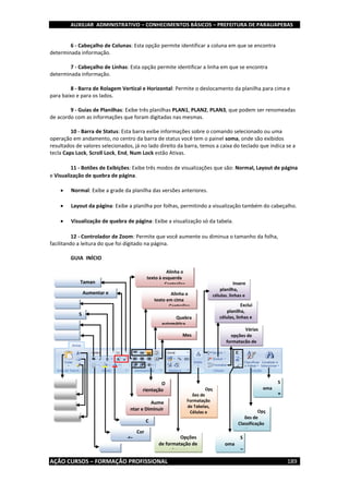 AUXILIAR ADMINISTRATIVO – CONHECIMENTOS BÁSICOS – PREFEITURA DE PARAUAPEBAS
AÇÃO CURSOS – FORMAÇÃO PROFISSIONAL 189
6 - Cabeçalho de Colunas: Esta opção permite identificar a coluna em que se encontra
determinada informação.
7 - Cabeçalho de Linhas: Esta opção permite identificar a linha em que se encontra
determinada informação.
8 - Barra de Rolagem Vertical e Horizontal: Permite o deslocamento da planilha para cima e
para baixo e para os lados.
9 - Guias de Planilhas: Exibe três planilhas PLAN1, PLAN2, PLAN3, que podem ser renomeadas
de acordo com as informações que foram digitadas nas mesmas.
10 - Barra de Status: Esta barra exibe informações sobre o comando selecionado ou uma
operação em andamento, no centro da barra de status você tem o painel soma, onde são exibidos
resultados de valores selecionados, já no lado direito da barra, temos a caixa do teclado que indica se a
tecla Caps Lock, Scroll Lock, End, Num Lock estão Ativas.
11 - Botões de Exibições: Exibe três modos de visualizações que são: Normal, Layout de página
e Visualização de quebra de página.
 Normal: Exibe a grade da planilha das versões anteriores.
 Layout da página: Exibe a planilha por folhas, permitindo a visualização também do cabeçalho.
 Visualização de quebra de página: Exibe a visualização só da tabela.
12 - Controlador de Zoom: Permite que você aumente ou diminua o tamanho da folha,
facilitando a leitura do que foi digitado na página.
GUIA INÍCIO
incel
opiar
R
ecortar
olar
N
egrito
I
tálico
S
ublinhado
F
onte
Aumentar e
diminuir fonte
Taman
ho da Fonte
C
or da fonte
Cor
de
orda
Mes
clar Células
Aume
ntar e Diminuir
Recuo
O
rientação
do Texto
Quebra
automática
Alinha o
texto em cima
Centraliza
Alinha o
texto à esquerda
Centraliza
Opções
de formatação de
números
Várias
opções de
formatação de
células
Exclui
planilha,
células, linhas e
colunas.
Insere
planilha,
células, linhas e
colunas.
Opç
ões de
Formatação
de Tabelas,
Células e
Formatação
S
oma
P
Opç
ões de
Classificação
e Filtragem
S
oma
P
 