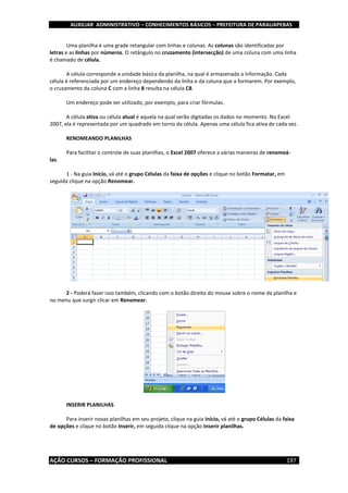 AUXILIAR ADMINISTRATIVO – CONHECIMENTOS BÁSICOS – PREFEITURA DE PARAUAPEBAS
AÇÃO CURSOS – FORMAÇÃO PROFISSIONAL 197
Uma planilha é uma grade retangular com linhas e colunas. As colunas são identificadas por
letras e as linhas por números. O retângulo no cruzamento (intersecção) de uma coluna com uma linha
é chamado de célula.
A célula corresponde a unidade básica da planilha, na qual é armazenada a informação. Cada
célula é referenciada por um endereço dependendo da linha e da coluna que a formarem. Por exemplo,
o cruzamento da coluna C com a linha 8 resulta na célula C8.
Um endereço pode ser utilizado, por exemplo, para criar fórmulas.
A célula ativa ou célula atual é aquela na qual serão digitadas os dados no momento. No Excel
2007, ela é representada por um quadrado em torno da célula. Apenas uma célula fica ativa de cada vez.
RENOMEANDO PLANILHAS
Para facilitar o controle de suas planilhas, o Excel 2007 oferece a várias maneiras de renomeá-
las.
1 - Na guia Início, vá até o grupo Células da faixa de opções e clique no botão Formatar, em
seguida clique na opção Renomear.
2 - Poderá fazer isso também, clicando com o botão direito do mouse sobre o nome da planilha e
no menu que surgir clicar em Renomear.
INSERIR PLANILHAS
Para inserir novas planilhas em seu projeto, clique na guia Início, vá até o grupo Células da faixa
de opções e clique no botão Inserir, em seguida clique na opção Inserir planilhas.
 