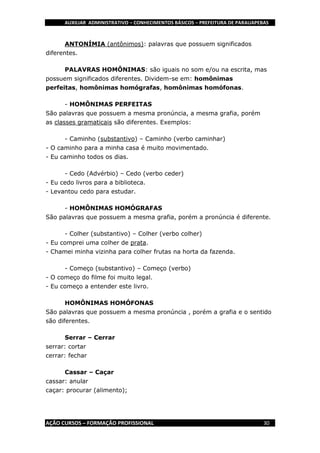 AUXILIAR ADMINISTRATIVO – CONHECIMENTOS BÁSICOS – PREFEITURA DE PARAUAPEBAS
AÇÃO CURSOS – FORMAÇÃO PROFISSIONAL 30
ANTONÍMIA (antônimos): palavras que possuem significados
diferentes.
PALAVRAS HOMÔNIMAS: são iguais no som e/ou na escrita, mas
possuem significados diferentes. Dividem-se em: homônimas
perfeitas, homônimas homógrafas, homônimas homófonas.
- HOMÔNIMAS PERFEITAS
São palavras que possuem a mesma pronúncia, a mesma grafia, porém
as classes gramaticais são diferentes. Exemplos:
- Caminho (substantivo) – Caminho (verbo caminhar)
- O caminho para a minha casa é muito movimentado.
- Eu caminho todos os dias.
- Cedo (Advérbio) – Cedo (verbo ceder)
- Eu cedo livros para a biblioteca.
- Levantou cedo para estudar.
- HOMÔNIMAS HOMÓGRAFAS
São palavras que possuem a mesma grafia, porém a pronúncia é diferente.
- Colher (substantivo) – Colher (verbo colher)
- Eu comprei uma colher de prata.
- Chamei minha vizinha para colher frutas na horta da fazenda.
- Começo (substantivo) – Começo (verbo)
- O começo do filme foi muito legal.
- Eu começo a entender este livro.
HOMÔNIMAS HOMÓFONAS
São palavras que possuem a mesma pronúncia , porém a grafia e o sentido
são diferentes.
Serrar – Cerrar
serrar: cortar
cerrar: fechar
Cassar – Caçar
cassar: anular
caçar: procurar (alimento);
 