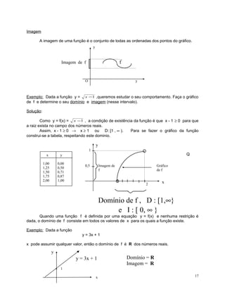 Imagem
A imagem de uma função é o conjunto de todas as ordenadas dos pontos do gráfico.
y

f

Imagem de f

O

y

Exemplo: Dada a função y = x −1 ,queremos estudar o seu comportamento. Faça o gráfico
de f e determine o seu domínio e imagem (nesse intervalo).
Solução:
Como y = f(x) = x −1 , a condição de existência da função é que x - 1 ≥ 0 para que
a raiz exista no campo dos números reais.
Assim, x - 1 ≥ 0 → x ≥ 1 ou D: [1 , ∞ ).
Para se fazer o gráfico da função
construi-se a tabela, respeitando este dominio.

y
1
x

Q

y

1,00
1,25
1,50
1,75
2,00

0,00
0,50
0,71
0,87
1,00

0,5

Imagem de
f

Gráfico
de f

2

x

Domínio de f , D : [1,∞}
e I : [ 0, ∞ }

Quando uma função f é definida por uma equação y = f(x) e nenhuma restrição é
dada, o domínio de f consiste em todos os valores de x para os quais a função existe.
Exemplo: Dada a função
y = 3x + 1
x pode assumir qualquer valor, então o domínio de f é R dos números reais.

y

y = 3x + 1

Domínio = R
Imagem = R

1
x

17

 