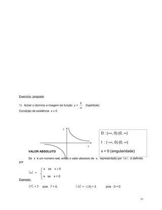 Exercício proposto
1) Achar o domínio e imagem da função y =
Condição de existência x ≠ 0

1
x

(hipérbole)

y

D : (-∞, 0) (0, ∞)
x

I : ( -∞, 0) (0, ∞)
x = 0 (singularidade)

VALOR ABSOLUTO

Se x é um número real, então o valor absoluto de x, representado por x, é definido
por
se

x≥0

-x se

x<0

x
x =
Exemplo:
7 = 7

pois 7 > 0,

-3 = - (-3) = 3

pois -3 < 0

19

 