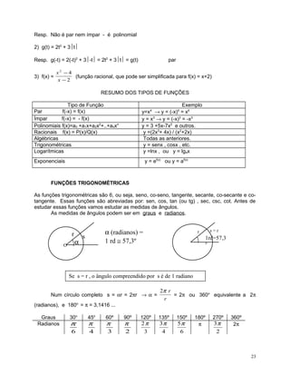 Resp. Não é par nem ímpar - é polinomial
2) g(t) = 2t2 + 3t
Resp. g(-t) = 2(-t)2 + 3-t = 2t2 + 3t = g(t)

par

x2 − 4
3) f(x) =
(função racional, que pode ser simplificada para f(x) = x+2)
x −2

RESUMO DOS TIPOS DE FUNÇÕES
Tipo de Função
Par
f(-x) = f(x)
Ímpar
f(-x) = - f(x)
Polinomiais f(x)=a0 +a1x+a2x2+..+anxn
Racionais f(x) = P(x)/Q(x)
Algébricas
Trigonométricas
Logarítmicas

Exemplo
y=x4 → y = (-x)4 = x4
y = x3 → y = (-x)3 = -x3
y = 3 +5x-7x2 e outros.
y =(2x3+ 4x) / (x2+2x)
Todas as anteriores.
y = senx , cosx , etc.
y =lnx , ou y = lgax
y = ef(x) ou y = af(x)

Exponenciais

FUNÇÕES TRIGONOMÉTRICAS
As funções trigonométricas são 6, ou seja, seno, co-seno, tangente, secante, co-secante e cotangente. Essas funções são abreviadas por: sen, cos, tan (ou tg) , sec, csc, cot. Antes de
estudar essas funções vamos estudar as medidas de ângulos.
As medidas de ângulos podem ser em graus e radianos.

r
O

α

α (radianos) =
1 rd ≅ 57,3º

s

s=r

r

1rd=57,3
o

Se s = r , o ângulo compreendido por s é de 1 radiano
Num círculo completo s = αr = 2πr → α =
(radianos), e 180o = π = 3,1416 ...
Graus
Radianos

30o

45o

60º

90º

6

4

3

2

π

π

π

π

120º

2π
3

2π r
= 2π ou 360o equivalente a 2π
r
135º

3π
4

150º

5π
6

180º
π

270º

3π
2

360º
2π

23

 