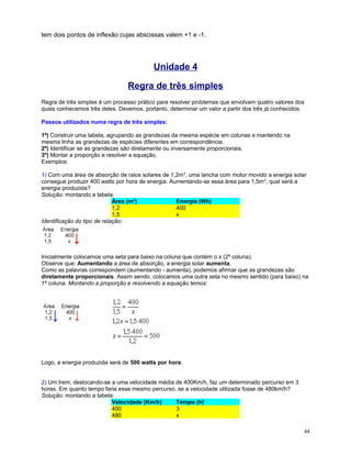 tem dois pontos de inflexão cujas abscissas valem +1 e -1.

Unidade 4
Regra de três simples
Regra de três simples é um processo prático para resolver problemas que envolvam quatro valores dos
quais conhecemos três deles. Devemos, portanto, determinar um valor a partir dos três já conhecidos.
Passos utilizados numa regra de três simples:
1º) Construir uma tabela, agrupando as grandezas da mesma espécie em colunas e mantendo na
mesma linha as grandezas de espécies diferentes em correspondência.
2º) Identificar se as grandezas são diretamente ou inversamente proporcionais.
3º) Montar a proporção e resolver a equação.
Exemplos:
1) Com uma área de absorção de raios solares de 1,2m 2, uma lancha com motor movido a energia solar
consegue produzir 400 watts por hora de energia. Aumentando-se essa área para 1,5m 2, qual será a
energia produzida?
Solução: montando a tabela:
Área (m2)
Energia (Wh)
1,2
400
1,5
x
Identificação do tipo de relação:

Inicialmente colocamos uma seta para baixo na coluna que contém o x (2ª coluna).
Observe que: Aumentando a área de absorção, a energia solar aumenta.
Como as palavras correspondem (aumentando - aumenta), podemos afirmar que as grandezas são
diretamente proporcionais. Assim sendo, colocamos uma outra seta no mesmo sentido (para baixo) na
1ª coluna. Montando a proporção e resolvendo a equação temos:

Logo, a energia produzida será de 500 watts por hora.
2) Um trem, deslocando-se a uma velocidade média de 400Km/h, faz um determinado percurso em 3
horas. Em quanto tempo faria esse mesmo percurso, se a velocidade utilizada fosse de 480km/h?
Solução: montando a tabela:
Velocidade (Km/h)
Tempo (h)
400
3
480
x
44

 