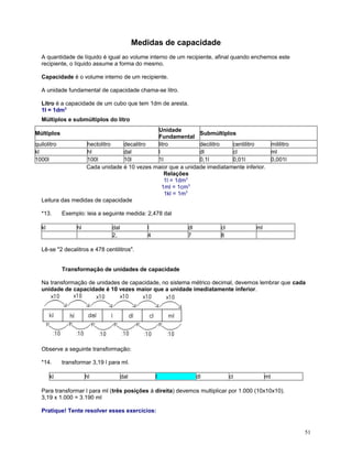 Medidas de capacidade
A quantidade de líquido é igual ao volume interno de um recipiente, afinal quando enchemos este
recipiente, o líquido assume a forma do mesmo.
Capacidade é o volume interno de um recipiente.
A unidade fundamental de capacidade chama-se litro.
Litro é a capacidade de um cubo que tem 1dm de aresta.
1l = 1dm3
Múltiplos e submúltiplos do litro
Unidade
Submúltiplos
Fundamental
quilolitro
hectolitro
decalitro
litro
decilitro
centilitro
mililitro
kl
hl
dal
l
dl
cl
ml
1000l
100l
10l
1l
0,1l
0,01l
0,001l
Cada unidade é 10 vezes maior que a unidade imediatamente inferior.
Relações
1l = 1dm3
1ml = 1cm3
1kl = 1m3
Leitura das medidas de capacidade
Múltiplos

*13.
kl

Exemplo: leia a seguinte medida: 2,478 dal
hl

dal
2,

l
4

dl
7

cl
8

ml

Lê-se "2 decalitros e 478 centilitros".
Transformação de unidades de capacidade
Na transformação de unidades de capacidade, no sistema métrico decimal, devemos lembrar que cada
unidade de capacidade é 10 vezes maior que a unidade imediatamente inferior.

Observe a seguinte transformação:
*14.
kl

transformar 3,19 l para ml.
hl

dal

l

dl

cl

ml

Para transformar l para ml (três posições à direita) devemos multiplicar por 1.000 (10x10x10).
3,19 x 1.000 = 3.190 ml
Pratique! Tente resolver esses exercícios:

51

 