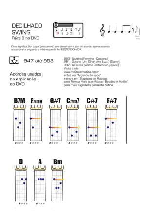 980 - Sozinho (Peninha - Caetano) 
981 - Outono (Um Olhar uma Luz...) (Djavan) 
982 - As vezes parece um tambor (Djavan) 
Visite o site 
www.maisquemusica.om.br 
entre em “Arquivos de apoio” 
e entre em “Sugetões de Músicas 
para Revista Mais que Música - Batidas de Violão” 
para mais sugestões para esta batida. 
947 até 953 
Acordes usados 
na explicação 
do DVD 
& e 
(Bem 
leve) 
DEDILHADO 
SWING 
Faixa 8 no DVD 
P 1 2 3 1 
Cinza significa: Um toque “percussivo”, sem deixar sair o som do acorde, apenas soando 
a mao direita enquanto a mão esquerda fica DESTENSIONADA. 
B7M F#m9 G#7 C#m7 C#7 F#7 
D A Bm 
 