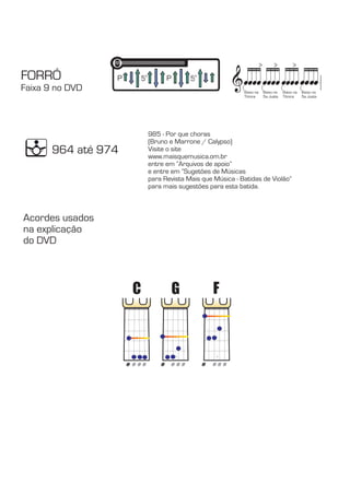 FORRÓ P 5a P 5a 
& 
Faixa 9 no DVD 
964 até 974 
Acordes usados 
na explicação 
do DVD 
V 
V 
V 
Baixo na 
Tônica 
Baixo na 
5a Justa 
Baixo na 
Tônica 
985 - Por que choras 
(Bruno e Marrone / Calypso) 
Visite o site 
www.maisquemusica.om.br 
entre em “Arquivos de apoio” 
e entre em “Sugetões de Músicas 
para Revista Mais que Música - Batidas de Violão” 
para mais sugestões para esta batida. 
Baixo na 
5a Justa 
C G F 
 