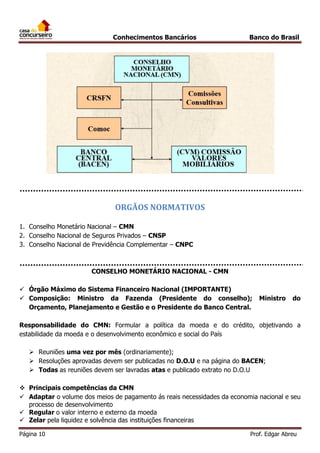 Conhecimentos Bancários

Banco do Brasil

ORGÃOS NORMATIVOS
1. Conselho Monetário Nacional – CMN
2. Conselho Nacional de Seguros Privados – CNSP
3. Conselho Nacional de Previdência Complementar – CNPC

CONSELHO MONETÁRIO NACIONAL - CMN
 Órgão Máximo do Sistema Financeiro Nacional (IMPORTANTE)
 Composição: Ministro da Fazenda (Presidente do conselho);
Orçamento, Planejamento e Gestão e o Presidente do Banco Central.

Ministro

do

Responsabilidade do CMN: Formular a política da moeda e do crédito, objetivando a
estabilidade da moeda e o desenvolvimento econômico e social do País
 Reuniões uma vez por mês (ordinariamente);
 Resoluções aprovadas devem ser publicadas no D.O.U e na página do BACEN;
 Todas as reuniões devem ser lavradas atas e publicado extrato no D.O.U
 Principais competências da CMN
 Adaptar o volume dos meios de pagamento ás reais necessidades da economia nacional e seu
processo de desenvolvimento
 Regular o valor interno e externo da moeda
 Zelar pela liquidez e solvência das instituições financeiras
Página 10

Prof. Edgar Abreu

 