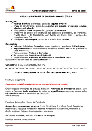 Conhecimentos Bancários

Banco do Brasil

CONSELHO NACIONAL DE SEGUROS PRIVADOS (CNSP)
Atribuições:
 Fixar as diretrizes e normas da política de seguros privados
 Fixar as características gerais dos contratos de seguros, previdência privada
aberta e capitalização
 Estabelecer as diretrizes gerais das operações de resseguro
 Prescrever os critérios de constituição das Sociedades Seguradoras, de Previdência
Privada Aberta e de Capitalização, com fixação dos limites legais e técnicos das
respectivas operações.
 Disciplinar a corretagem do mercado e a profissão de corretor.
Composição
 Ministro de Estado da Fazenda ou seu representante, na qualidade de Presidente;
 Superintendente da Superintendência de Seguros Privados- SUSEP, na qualidade de
Vice-Presidente;
 Representante do Ministério da Justiça
 Representante do Banco Central do Brasil
 Representante do Ministério da Previdência e Assistência Social
Representante da Comissão de Valores Mobiliários
Comentário: O CNSP é um órgão NORMATIVO.

CONSELHO NACIONAL DE PREVIDÊNCIA COMPLEMENTAR (CNPC)

Substitui o antigo CGPC
É O CMN da previdência complementar fechada (fundos de pensão)
Órgão colegiado integrante da estrutura básica do Ministério da Previdência Social, cabe
exercer a função de órgão regulador do regime de previdência complementar operado pelas
entidades fechadas de previdência complementar.
Sede em Brasília
Presidente do Conselho: Ministro da Previdência
Demais Representantes do governo: Previc; Ministério da Previdência Social; Casa Civil da
Presidência da República; Ministério da Fazenda; Ministério do Planejamento, Orçamento e
Gestão; entidades fechadas de previdência complementar;
Mandato de dois anos, permitida uma única recondução
Reuniões ordinária, trimestralmente
Página 12

Prof. Edgar Abreu

 