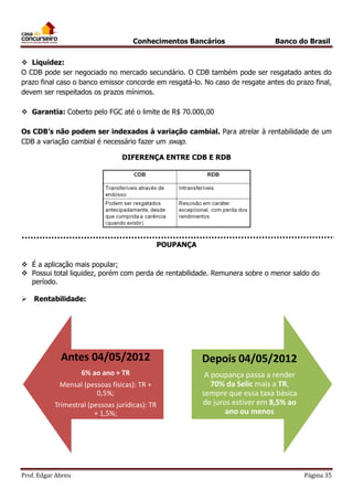 Conhecimentos Bancários

Banco do Brasil

 Liquidez:
O CDB pode ser negociado no mercado secundário. O CDB também pode ser resgatado antes do
prazo final caso o banco emissor concorde em resgatá-lo. No caso de resgate antes do prazo final,
devem ser respeitados os prazos mínimos.
 Garantia: Coberto pelo FGC até o limite de R$ 70.000,00
Os CDB’s não podem ser indexados à variação cambial. Para atrelar à rentabilidade de um
CDB a variação cambial é necessário fazer um swap.
DIFERENÇA ENTRE CDB E RDB

POUPANÇA
 É a aplicação mais popular;
 Possui total liquidez, porém com perda de rentabilidade. Remunera sobre o menor saldo do
período.
 Rentabilidade:

Antes 04/05/2012

Depois 04/05/2012

6% ao ano + TR

A poupança passa a render
70% da Selic mais a TR,
sempre que essa taxa básica
de juros estiver em 8,5% ao
ano ou menos

Mensal (pessoas físicas): TR +
0,5%;

Trimestral (pessoas jurídicas): TR
+ 1,5%;

Prof. Edgar Abreu

Página 35

 