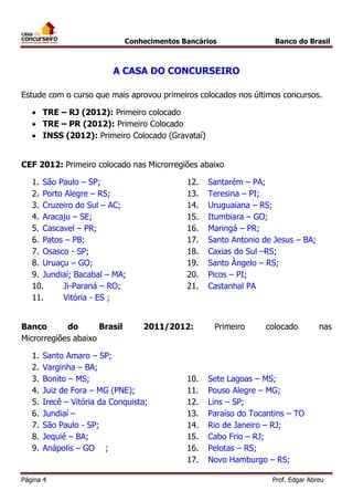 Conhecimentos Bancários

Banco do Brasil

A CASA DO CONCURSEIRO
Estude com o curso que mais aprovou primeiros colocados nos últimos concursos.
 TRE – RJ (2012): Primeiro colocado
 TRE – PR (2012): Primeiro Colocado
 INSS (2012): Primeiro Colocado (Gravataí)
CEF 2012: Primeiro colocado nas Microrregiões abaixo
1. São Paulo – SP;
2. Porto Alegre – RS;
3. Cruzeiro do Sul – AC;
4. Aracaju – SE;
5. Cascavel – PR;
6. Patos – PB;
7. Osasco - SP;
8. Uruaçu – GO;
9. Jundiaí; Bacabal – MA;
10.
Ji-Paraná – RO;
11.
Vitória - ES ;
Banco
do
Brasil
Microrregiões abaixo
1.
2.
3.
4.
5.
6.
7.
8.
9.

12.
13.
14.
15.
16.
17.
18.
19.
20.
21.

2011/2012:

Santo Amaro – SP;
Varginha – BA;
Bonito – MS;
Juiz de Fora – MG (PNE);
Irecê – Vitória da Conquista;
Jundiaí –
São Paulo - SP;
Jequié – BA;
Anápolis – GO ;

Página 4

10.
11.
12.
13.
14.
15.
16.
17.

Santarém – PA;
Teresina – PI;
Uruguaiana – RS;
Itumbiara – GO;
Maringá – PR;
Santo Antonio de Jesus – BA;
Caxias do Sul –RS;
Santo Ângelo – RS;
Picos – PI;
Castanhal PA

Primeiro

colocado

nas

Sete Lagoas – MS;
Pouso Alegre – MG;
Lins – SP;
Paraíso do Tocantins – TO
Rio de Janeiro – RJ;
Cabo Frio – RJ;
Pelotas – RS;
Novo Hamburgo – RS;
Prof. Edgar Abreu

 
