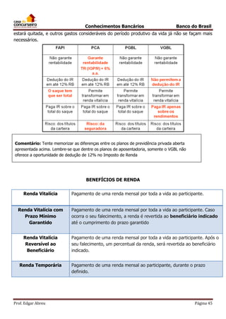 Conhecimentos Bancários

Banco do Brasil

estará quitada, e outros gastos consideráveis do período produtivo da vida já não se façam mais
necessários.

Comentário: Tente memorizar as diferenças entre os planos de previdência privada aberta
apresentada acima. Lembre-se que dentre os planos de aposentadoria, somente o VGBL não
oferece a oportunidade de dedução de 12% no Imposto de Renda

BENEFÍCIOS DE RENDA
Renda Vitalícia

Pagamento de uma renda mensal por toda a vida ao participante.

Renda Vitalícia com
Prazo Mínimo
Garantido

Pagamento de uma renda mensal por toda a vida ao participante. Caso
ocorra o seu falecimento, a renda é revertida ao beneficiário indicado
até o cumprimento do prazo garantido

Renda Vitalícia
Reversível ao
Beneficiário

Pagamento de uma renda mensal por toda a vida ao participante. Após o
seu falecimento, um percentual da renda, será revertida ao beneficiário
indicado.

Renda Temporária

Prof. Edgar Abreu

Pagamento de uma renda mensal ao participante, durante o prazo
definido.

Página 45

 