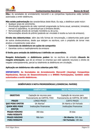 Conhecimentos Bancários

Banco do Brasil

Obs.: As sociedades de arrendamento mercantil e as companhias hipotecárias estão também
autorizadas a emitir debêntures.
Não existe padronização das características deste título. Ou seja, a debênture pode incluir:
 Qualquer prazo de vencimento;
 Amortização (pagamento do valor nominal) programada na forma anual, semestral, trimestral,
mensal ou esporádica, no percentual que a emissora decidir;
 Remunerações através de correção monetária ou de juros;
 Remunerações através do prêmio (podendo ser vinculado à receita ou lucro da emissora).
Direito dos debenturistas: além das três formas de remuneração, o debenturista pode gozar
de outros direitos/atrativos, desde que estejam na escritura, com o propósito de tornar mais
atrativo o investimento neste ativo:
 Conversão da debênture em ações da companhia
 Garantias contra o inadimplemento da emissora
O limite para emissão de debêntures é definido em assembleia.
Resgate Antecipado: as debêntures podem ter na escritura de emissão cláusula de
resgate antecipado, que dá ao emissor (a empresa que está captando recursos) o direito de
resgatar antecipadamente, parcial ou totalmente as debêntures em circulação.
Aplicação em debêntures não estão cobertas pelo FGC.
IMPORTANTE: As Sociedades de Arrendamento Mercantil (leasing), Companhias
Hipotecárias, Bancos de Desenvolvimento e o BNDES Participações, também estão
autorizados a emitir debêntures.
DEBÊNTURES X NOTA PROMISSÓRIAS (COMERCIAL PAPERS)
DEBÊNTURES
OBJETIVO
PRAZO
QUE PODE EMITIR
QUEM NÃO PODE
EMITIR
PRAZO MÍNIMO
PARA RESGATE
PRAZO MÁXIMO
PARA RESGATE

Prof. Edgar Abreu

NOTA PROMISSÓRIAS

Captação de recursos para
financiamento de CAPITAL FIXO
LONGO PRAZO
SA Abertas1
Instituições Financeiras

Captação de recursos para
financiamento de CAPITAL DE GIRO
CURTO PRAZO
SA Aberta e SA Fechada
Instituições Financeiras

360 dias

30 dias

Não tem

- SA Aberta: 360 dias
- SA Fechada: 180 dias

Página 53

 