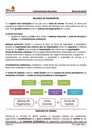 Conhecimentos Bancários

Banco do Brasil

BALANÇO DE PAGAMENTOS
É o registro das transações de um país com o resto do mundo. No Brasil, os valores são
expressos em dólares americanos, mesmo quando são efetuados com outros países que não os
EUA. Duas grandes contas formam o balanço de pagamentos de um país:
a) Conta Corrente:
 engloba os registros de três outras contas: a balança comercial, a conta de serviços e
rendas e as transferências unilaterais
Balança comercial: Registra o comércio de bens, na forma de exportações e importações.
Quando as exportações são maiores que as importações temos um superávit na Balança
Comercial. Um déficit ocorre quando as importações são maiores que as exportações.
Conta de Serviços e Rendas: inclui os pagamentos/recebimentos relacionados com o comércio
de bens, como fretes e seguros, as receitas/despesas com viagens internacionais, o aluguel de
equipamentos, os serviços governamentais, a exportação e importação de serviços e o
pagamento/recebimento de juros e de lucros e dividendos.
Transferências Unilaterais: contabilizam o saldo líquido das remessas de recursos ou doações
feitos entre residentes no Brasil e residentes em outros países
b) Conta de Capitais: registra o saldo líquido entre as compras de ativos estrangeiros por
residentes no Brasil e a venda de ativos brasileiros a estrangeiros

Balança de
Comercial

Conta Corrente

Exportação

Balança Comercial

Balança de
Pagamentos

Importação

Conta de Serviços
e Rendas

Conta
Corrente

Transferências
unilaterais

Contas de
Capitais

MERCADO DE CÂMBIO
Incluem-se no mercado de câmbio brasileiro as operações relativas aos recebimentos,
pagamentos e transferências do e para o exterior mediante a utilização de cartões de uso
internacional e de empresas facilitadoras de pagamentos internacionais, bem como as
Página 56

Prof. Edgar Abreu

 