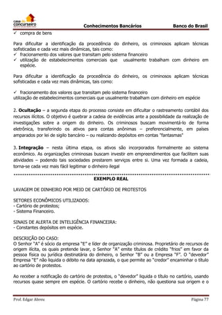 Conhecimentos Bancários

Banco do Brasil

 compra de bens
Para dificultar a identificação da procedência do dinheiro, os criminosos aplicam técnicas
sofisticadas e cada vez mais dinâmicas, tais como:
 fracionamento dos valores que transitam pelo sistema financeiro
 utilização de estabelecimentos comerciais que usualmente trabalham com dinheiro em
espécie.
Para dificultar a identificação da procedência do dinheiro, os criminosos aplicam técnicas
sofisticadas e cada vez mais dinâmicas, tais como:
 fracionamento dos valores que transitam pelo sistema financeiro
utilização de estabelecimentos comerciais que usualmente trabalham com dinheiro em espécie
2. Ocultação – a segunda etapa do processo consiste em dificultar o rastreamento contábil dos
recursos ilícitos. O objetivo é quebrar a cadeia de evidências ante a possibilidade da realização de
investigações sobre a origem do dinheiro. Os criminosos buscam movimentá-lo de forma
eletrônica, transferindo os ativos para contas anônimas – preferencialmente, em países
amparados por lei de sigilo bancário – ou realizando depósitos em contas "fantasmas"
3. Integração – nesta última etapa, os ativos são incorporados formalmente ao sistema
econômico. As organizações criminosas buscam investir em empreendimentos que facilitem suas
atividades – podendo tais sociedades prestarem serviços entre si. Uma vez formada a cadeia,
torna-se cada vez mais fácil legitimar o dinheiro ilegal
EXEMPLO REAL
LAVAGEM DE DINHEIRO POR MEIO DE CARTÓRIO DE PROTESTOS
SETORES ECONÔMICOS UTILIZADOS:
- Cartório de protestos;
- Sistema Financeiro.
SINAIS DE ALERTA DE INTELIGÊNCIA FINANCEIRA:
- Constantes depósitos em espécie.
DESCRIÇÃO DO CASO:
O Senhor “A” é sócio da empresa “E” e líder de organização criminosa. Proprietário de recursos de
origem ilícita, os quais pretende lavar, o Senhor “A” emite títulos de crédito “frios” em favor da
pessoa física ou jurídica destinatária do dinheiro, o Senhor “B” ou a Empresa “F”. O “devedor”
Empresa “E” não liquida o débito na data aprazada, o que permite ao “credor” encaminhar o título
ao cartório de protestos.
Ao receber a notificação do cartório de protestos, o “devedor” liquida o título no cartório, usando
recursos quase sempre em espécie. O cartório recebe o dinheiro, não questiona sua origem e o

Prof. Edgar Abreu

Página 77

 