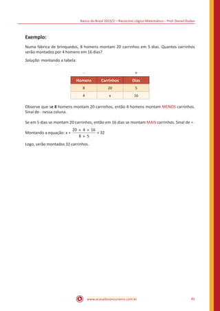 Banco do Brasil 2013/2 – Raciocínio Lógico-Matemático – Prof. Daniel Dudan

Exemplo:
Numa fábrica de brinquedos, 8 homens montam 20 carrinhos em 5 dias. Quantos carrinhos
serão montados por 4 homens em 16 dias?
Solução: montando a tabela:

-

+

Homens

Carrinhos

Dias

8

20

5

4

x

16

Observe que se 8 homens montam 20 carrinhos, então 4 homens montam MENOS carrinhos.
Sinal de - nessa coluna.
Se em 5 dias se montam 20 carrinhos, então em 16 dias se montam MAIS carrinhos. Sinal de +.
Montando a equação: x =

20 × 4 × 16
= 32
8× 5

Logo, serão montados 32 carrinhos.

www.acasadoconcurseiro.com.br

45

 