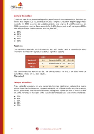 Exemplo Resolvido 3:
O mercado total de um determinado produto, em número de unidades vendidas, é dividido por
apenas duas empresas, D e G, sendo que em 2003 a empresa D teve 80% de participação nesse
mercado. Em 2004, o número de unidades vendidas pela empresa D foi 20% maior que em
2003, enquanto na empresa G esse aumento foi de 40%. Assim, pode-se afirmar que em 2004 o
mercado total desse produto cresceu, em relação a 2003,
a)	
b)	
c)	
d)	
e)	

24 %.
28 %.
30 %.
32 %.
60 %.

Resolução:
Considerando o tamanho total do mercado em 2003 sendo 100%, e sabendo que ele é
totalmente dividido entre o produto D (80%) e o produto G (20%):
2003

2004

Produto D

0,8

Aumento de 20% = 0,8 * 1,2 = 0,96

Produto G

0,2

Aumento de 40% = 0,2 * 1,4 = 0,28

TOTAL:

1

0,96 + 0,28 = 1,24

Se o tamanho total do mercado era de 1 em 2003 e passou a ser de 1,24 em 2004, houve um
aumento de 24% de um ano para o outro.
Alternativa A

Exemplo Resolvido 4:
Ana e Lúcia são vendedoras em uma grande loja. Em maio elas tiveram exatamente o mesmo
volume de vendas. Em junho, Ana conseguiu aumentar em 20% suas vendas, em relação a maio,
e Lúcia, por sua vez, teve um ótimo resultado, conseguindo superar em 25% as vendas de Ana,
em junho. Portanto, de maio para junho o volume de vendas de Lúcia teve um crescimento de:
a)	
b)	
c)	
d)	
e)	

72

35%.
45%.
50%.
60%.
65%.

www.acasadoconcurseiro.com.br

 
