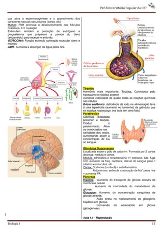 Pré-Universitário Popular da UFF


que ativa a espermatogênese e o aparecimento dos
caracteres sexuais secundários (barba, etc)
Mulher: FSH promove o desenvolvimento dos folículos
ovarianos; LH: ovulação
Estimulam também a produção de estrógeno e
progesterona que preparam a parede do útero
(endométrio) para receber o embrião.
OXITOCINA: Função estímulo contração muscular útero e
mamas
ADH : Aumenta a absorção de água pelos rins.




                                                        Tireóide
                                                        Hormônio mais importante: Tiroxina. Controlada pelo
                                                        hipotálamo e hipófise anterior
                                                        Aumenta velocidade de quase todas as reações químicas
                                                        nas células
                                                        Bócio endêmico: deficiência de iodo na alimentação leva
                                                        á uma hipertrofia (aumento no tamanho) da galndula que
                                                        se localiza no pescoço. (na aula tem uma foto).
                                                        Paratireoide
                                                        Glândula localizada
                                                        posterior a tireóide.
                                                        Produz              o
                                                        paratormonio. Ativa
                                                        os osteoclastos nas
                                                        cavidades dos ossos,
                                                        aumentando assim a
                                                        concentração de Ca
                                                        no sangue.

                                                        Glândulas Supra-renais
                                                        Localizada sobre o pólo de cada rim. Formada por 2 partes
                                                        distintas: medula e córtex.
                                                        Medula: adrenalina e noradrenalina => estresse, luta, fuga
                                                        com aumento da freq. cardíaca, desvio do sangue para o
                                                        cérebro e músculos, etc.
                                                        Córtex: Cortisona (cortisol) = antinflamatório.
                                                                                                        +
                                                                 Aldosterona: estimula a absorção de Na pelos rins
                                                        = aumenta PA.
                                                        Pâncreas
                                                        Insulina: Aumento do transporte de glicose através da
                                                        membrana celular
                                                                   Aumento da intensidade do metabolismo da
                                                        glicose.
                                                        Glucagon: Aumento da concentração sanguínea de
                                                        glicose através:
                                                                    Ação direta no fracionamento do glicogênio
                                                        hepático em glicose
                                                                    Conversão do aminoácido em glicose
                                                        (glicogênese)


                                                        Aula 13 – Reprodução

Biologia I                                                                                                     15
 