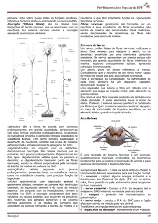 Pré-Universitário Popular da UFF


psíquica. Influi sobre quase todas as funções cerebrais,       neurilema e que têm importante função na regeneração
inibindo-a de forma direta ou estimulando o sistema GABA.      das fibras nervosas.
Neuroglia (Células Gliais): são as células mais                Fibras nervosas: geralmente são formadas por um
freqüentes do tecido nervoso, que se relacionam com os         neurônio e seus envoltórios. As fibras envolvidas pela
neurônios. No sistema nervoso central, a neuroglia             bainha de mielina são denominadas fibras mielínicas,
apresenta quatro tipos celulares:                              sendo denominadas de amielínicas as fibras não
                                                               envolvidas pela bainha de mielina


                                                               Estrutura do Nervo
                                                               Um nervo contém feixes de fibras nervosas, (utiliza-se o
                                                               termo fibra nervosa para designar o axônio ou os
                                                               dendritos) envolvidas por uma membrana conjuntiva
                                                               resistente. Os nervos apresentam cor branca porque são
                                                               formados por grande quantidade de fibras mielínicas (a
                                                               mielina, invólucro principalmente lipídico, apresenta
                                                               coloração esbranquiçada).
                                                               Um axonio pode ter desde milimetros a metros.
                                                               Considerando que o neurônio de um nervo motor, capaz
                                                               de mover os dedos dos pés, está contido na medula.
                                                               Para a percepção da sensibilidade, na extremidade de
                                                               cada fibra sensitiva há um dispositivo captador,
                                                               denominado receptor, e
                                                               uma expansão que coloca a fibra em relação com o
                                                               elemento que reage ao impulso motor; este elemento na
                                                               grande maioria
                                                               dos casos é uma fibra muscular podendo ser também uma
                                                               célula glandular. A estes elementos dá-se o nome de
                                                               efetor. Portanto, o sistema nervoso periférico é constituído
                                                               por fibras que ligam o sistema nervoso central ao receptor,
                                                               no caso da transmissão de impulsos sensitivos; ou ao
                                                               elemento efetor, quando o impulso é motor.

                                                               Arco Reflexo


-astrócitos: têm a forma de estrela, com inúmeros
prolongamentos; em grande quantidade, apresentam-se
sob duas formas: astrócitos protoplasmáticos, localizados
na substância cinzenta; e astrócitos fibrosos localizados na
substância branca. Têm como funções sustentação e
isolamento de neurônios, controle dos níveis de potássio
extraneuronal e armazenamento de glicogênio no SNC.
-oligodendrócitos: em conjunto com os astrócitos,
denominam-se macróglia. São células menores que as
primeiras, com poucos prolongamentos. Organizam-se em          É uma resposta do Sistema Nervoso a um estímulo,
dois tipos: oligodendrócito satélite (junto ao pericário e     qualitativamente invariável, involuntária, de importância
dendritos) e oligodendrócito fascicular (junto às fibras       fundamental para a postura e locomoção do animal e para
nervosas), sendo os últimos responsáveis pela formação         examinar clinicamente o Sistema Nervoso.
da bainha de mielina em axônios no SNC.
-microgliócitos:    células    pequenas      com      poucos   Componentes Basicos - Todos os arcos reflexos contem 5
prolongamentos, presentes tanto na substância branca,          componentes básicos necessários para sua função normal.
como na substância cinzenta, com principal função de           1 - receptor - captam alguma energia ambiental e a
fagocitose.                                                    transformam em Potencial de Ação (EX: luz na retina,
-células ependimárias: com disposição epitelial e              calor, frio e pressão na pele; estiramento pelos receptores
geralmente ciliadas, revestem as paredes dos ventrículos       do fuso muscular)
cerebrais, do aqueducto cerebral e do canal da medula          2 - nervo sensorial - Conduz o P.A. do receptor até a
espinhal. Em conjunto com os microgliócitos, formam a          sinápse no SNC entrando na medula pela raiz dorsal.
micróglia. No SNP, a neuroglia compreende dois tipos           3 - sinapse - podendo ser monossinaptica ou
celulares: as células satélites, que envolvem os pericários    polissinaptica.
dos neurônios dos gânglios sensitivos e do sistema             4 - nervo motor - conduz o P.A. do SNC para o órgão
nervoso autônomo; e as células de Schwann que                  efetuador saindo da medula pela raiz ventral.
circundam os axônios formando a bainha de mielina e o          Transforma um impulso elétrico em ação mecânica.
                                                               5 - orgao alvo ou efetuador - normalmente é um músculo

Biologia I                                                                                                              19
 