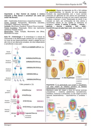 Pré-Universitário Popular da UFF


                                                           Fecundação: Depois da deposição de 50 a 130 milhões
                                                           de espermatozóides, no decurso de uma ejaculação;
Importante: a Raiz Ventral da medula é motora              Contacto dos espermatozóides com o muco cervical,
enquanto a Raiz Dorsal é sensitiva!! (Vc sente dor         produzido por glândulas do colo uterino em quantidade e
onde? Na Dorsal!)                                          consistência variáveis ao longo do ciclo ovárico capacitam
                                                           a célula a alcançar o óvulo; Deslocação do oócito II em
SNC – Subdivisões Anatomicas e respectivas funções:        direcção ao útero, por contracções da tuba uterina e
Córtex Cerebral: Pensamento, Movimento voluntário,         movimentos ciliares do seu epitélio ja realizando as
Linguagem, Julgamento, Percepção.                          clivagens ( oócito; 2 células, 8 células ... mórula ...
Cerebelo: Movimento, Equilíbrio, Postura,Tônus muscular.   gástrula .... nêurula ... embrião ... feto ... bebê...
Tronco Encefálico: Respiração, Ritmo dos batimentos        monstrinho que só sabe fazer cocô, xixi e chorar. rs*)
cardíacos, Pressão Arterial.
Mesencéfalo: Visão, Audição, Movimento dos Olhos,
Movimento do corpo.

Aula 15 – Embriologia = “A embriologia é o estudo do
crescimento e da diferenciação sofridos por um organismo
no curso de seu desenvolvimento, desde o estágio de ovo
até o de um ser altamente complexo, de vida independente
e semelhante a seus pais”.




                                                           Importante: É na gastrulação que surgem o arquêntero,
                                                           que dará origem ao intestino primitivo; os folhetos
                                                           embrionários e o surgimento do blastóporo.
                                                           Blastóporo pode dar origem a boca do animal (animais
                                                           protostômios – cnidários, platelmintos, nematelmintos,
                                                           anelídeos, moluscos e artrópodes); ou dar origem ao ânus
                                                           (animais deuterostômios – equinodermos e cordados –
                                                           nós).




Biologia I                                                                                                        20
 