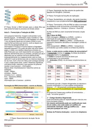 Pré-Universitário Popular da UFF


                                                           2º Passo: Separação das fitas através da quebra das
                                                           ligações de hidrogênio. (helicase)

                                                           3º Passo: Formação da forquilha de replicação.

                                                           4º Passo: Nucleotídeos, em solução, vão sendo inseridos;
                                                           respeitando a sua complementaridade.(RNA polimerase)

                                                           5º Passo: Terminando a Fita de RNA se solta e é enviada
6º Passo: Enviar o DNA formado para a célula filha que     ao citoplasma onde vai promover a formação de nova
está sendo formada no processo de divisão celular.         proteína. (Adenina – Uracila) e (Citosina – Guanina).

Aula 5 – Transcrição e Tradução do DNA                     As fitas de DNA se unem novamente formando a dupla
                                                           hélice.
Uma pequena historinha: Imagine você perdido numa          São 3 tipos de RNA:
floresta tropical... no Kênia!Sem mapa, bussôla ou “cell   RNA mensageiro (RNAm) ou (mRNA) – contém a
phone”.GPS? (o que é isso??rs*) Na bagagem um violão,      informação de qual proteína será sintetizada.
1 livro de figuras (igual aos do Indiana Jones!) e uma     RNA ribossômico (RNAr) ou (rRNA) – constituinte do
aspirina.Na sua busca por socorro, você se depara com      ribossomo (ribossomo decodifica a mensagem contida no
uma tribo de selvagens!Pedir uma                           RNAm)
informação????Como????Como traduzir a linguagem            RNA transportador (RNAt) ou (tRNA) – transporta os
daquelas pessoas???O chefe (de bôbo não tinha nada!)       aminoácidos que serão usados na síntese da proteína.
pegou o violão e ao dedilhar desenhava símbolos no
chão.Pede para que você responda!!(é uma pergunta??).      Como e onde ocorre a então síntese de uma proteína?
Olhando atentamente para os símbolos, percebe que são 4    A transcrição ocorreu no núcleo. A síntese da proteína
diferentes que se ordenam de forma distinta.Então,         (tradução) ocorre no citoplasma.
indianajonesmente (ou magayvermente..para os mais          1º.Códon = Conjunto de trinca de bases que
velhos!rs*) você se lembra que são os mesmos desenhos      correspondem a um aminoácido.
do seu livro. Com o livro em mãos,você consegue decifrar   2º - Anticódon (RNAt): trio de bases complementares ao
o que o chefe queria dizer. (cada 3 desenhos significava   códon.
uma letra).Então, traduzido o que queriam foi possível
receber o que buscava (...informação!).                     Código      Códon        Aminoácido         Abrv. do
Depois desta “divertidississima” historinha vamos as        do DNA      (RNAm)       (aác)              Aác.
analogias:
Chefe – RNAm;                                               AAA         UUU          Fenilalanina       Phe
símbolos – Bases;                                           CAA         GUU          Valina             Val
símbolos 3 a 3 - códons;
livro – ribossomo (RNAt);                                   CCG         GGC          Glicina            Gly
você – RNAr;
                                                            CTT         GAA          Ác. Glutâmico      Glu
informação que vc buscava – proteína.

                                                           Lembrando que são 4 bases nitrogenadas na natureza e
Formação do RNA (transcrição) – ocorre no Núcleo.          quando combinados 3 a 3 (por análise combinatória)
                                                                        3
                                                           teremos : 4 = 64 possíveis combinaçoes diferentes.
                                                           Então temos aqui 64 possibilidades de organização dos
                                                           aác.
                                                           64 grupos de 3 bases para codificar 20 aminoácidos…..
                                                           Logo, “vai sobrar grupos”?

                                                           3º - Código Genético Degenerado
                                                           Cada aminoácido pode ser especificado por mais de uma
                                                           trinca de bases (códon).
                                                           Um mesmo aminoácido pode ser codificado por mais
                                                           de um códon, mas cada códon só codifica um
                                                           aminoácido. Exemplo: UUG só codifica Leu.       (isso
                                                           vale para qualquer ser vivo)

                                                           Sintese da Proteína (tradução) – ocorre no citoplasma



       1º Passo: Desenrolamento da dupla fita de
DNA.(girase)


Biologia I                                                                                                           4
 